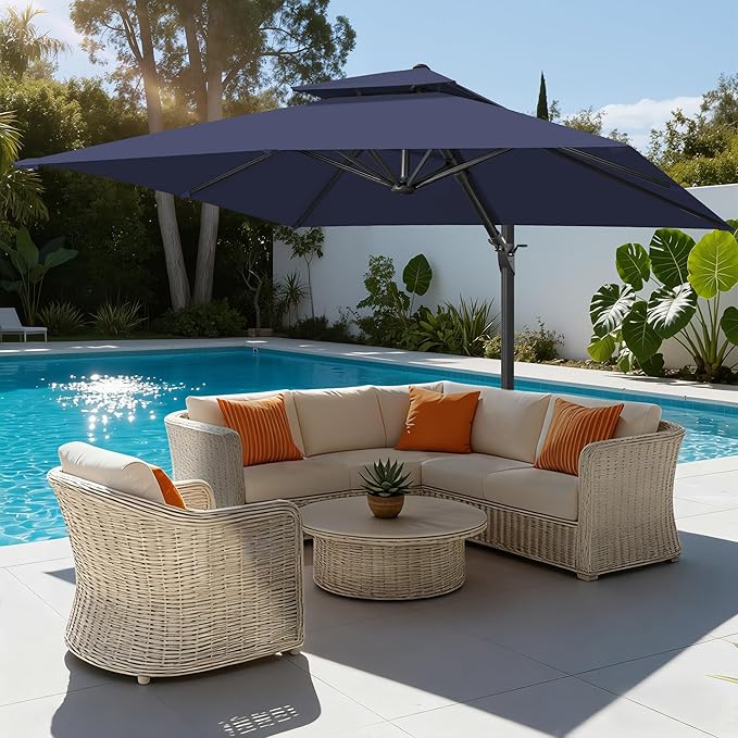 FLAME&SHADE 10x10 FT Cantilever Patio Umbrella - Aluminum Offset Umbrella with Tilt & 360-Degree Rotation, 3 Years Fade Resistance Fabric Large Patio Umbrella Outdoor for Deck Pool Garden - Navy Blue