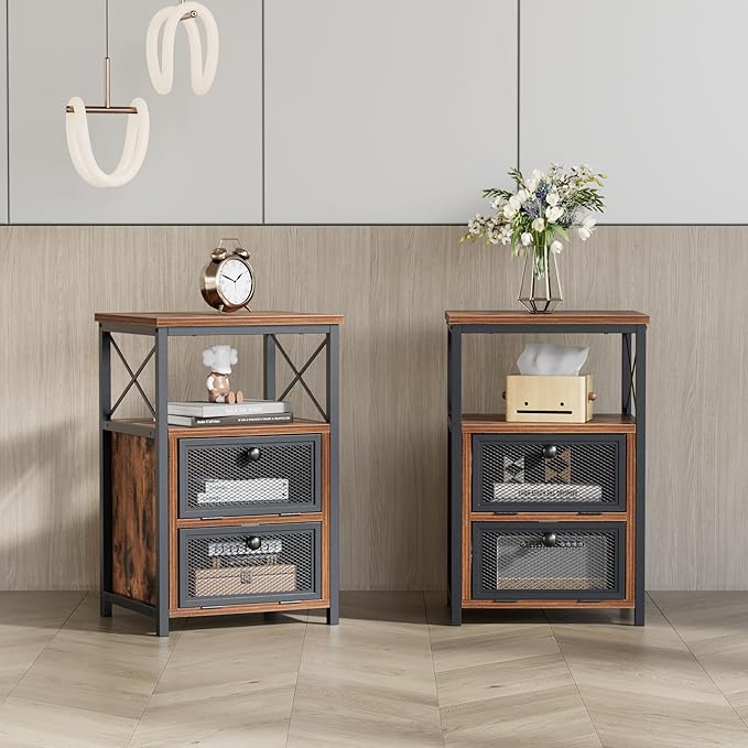 VECELO Nightstand Set of 2, End Table with Flip Drawer, Modern Night Stand for Bedroom,Living Room, Office, Easy Assembly, Walnut Brown