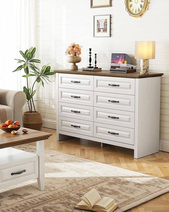 Marsail 8-Drawer Farmhouse Dresser, Solid Wood Storage Space, Sturdy Wide Chest with Smooth Glide Drawers & Anti-Slip Kit, for Bedroom or Hallway, Brown&White