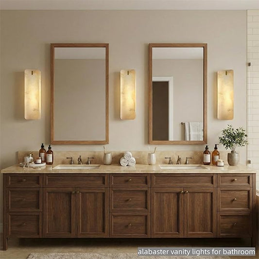 Modern Rectangular Alabaster Wall Sconce 16 Inch, Natural Spanish Stone Vanity Light Fixture, Brass Gold Dimmable Hardwired E12, Luxury Sconces for Bathroom Mirror Bedroom Bedside Corridor Home Decor