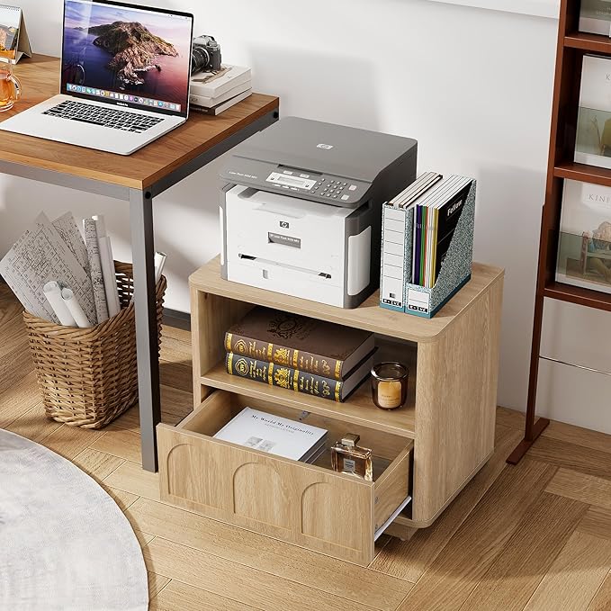 Small Nightstand with Charging Station, Accent Bedside Nightstand with Drawer, Mid Century Modern Bedroom Side Bed Table with Storage for Dorm, Living Room, Couch Sofa Chair, Office - Natural