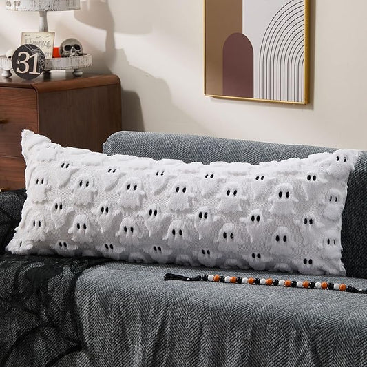 DFXSZ Halloween Pillow Covers 14x36 inch White Ghost Throw Pillow Cases Soft Plush Faux Fur Wool Couch Cushion Case for Chair Sofa Bedroom Living Room Home Decor PTK03A14