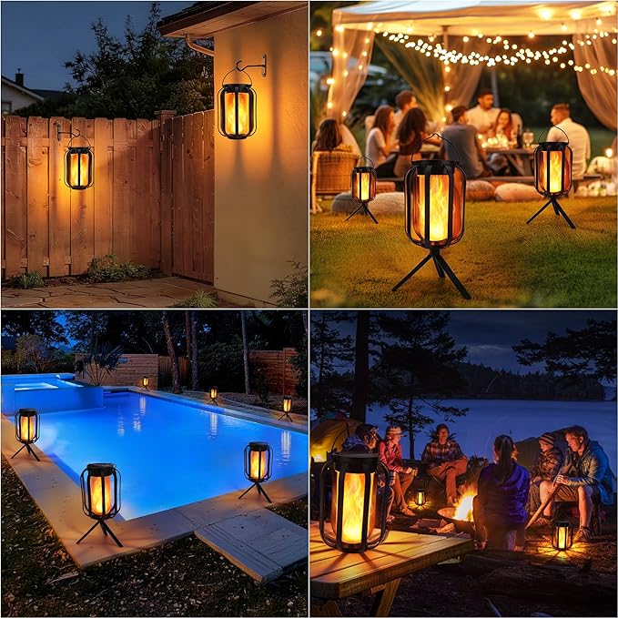 Toodour Solar & Battery Powered Lantern Outdoor Lights, 2 Pack Black LED Lantern with 4 Modes, Waterproof Rechargeable Hanging Solar Lights for Camping Patio Garden Yard Outdoor Decor