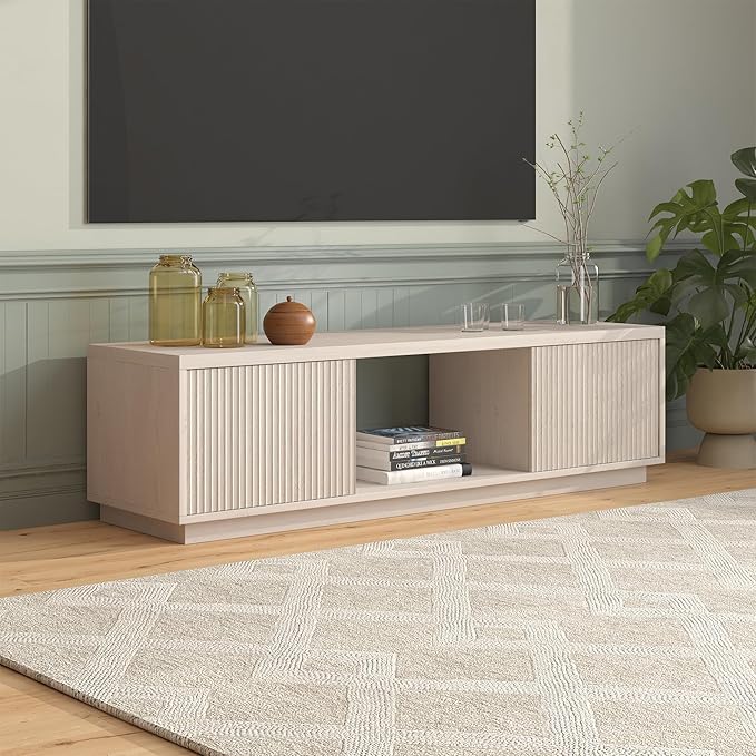 Henn&Hart Fluted TV Stand for TVs up to 65" with 2 Side Storage Cabinets and Open Center Storage for Living Room, Family Room, or Office, Beech White