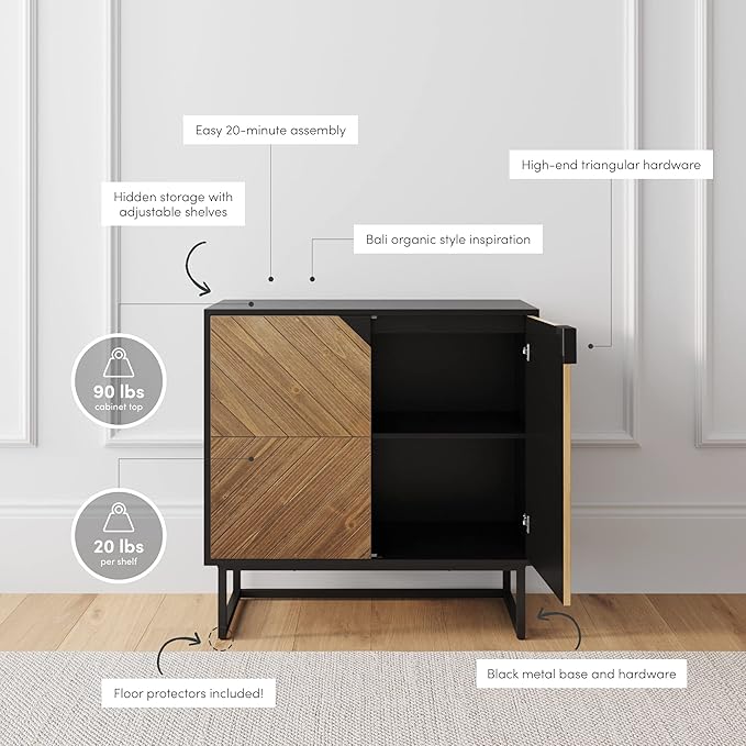 Nathan James Enloe Modern Sideboard Buffet Storage Accent Cabinet TV Stand with Doors in Rustic Pine Wood Finish and Matte Metal Base for Hallway, Kitchen or Living Room, Walnut Brown/Black, Set of 3