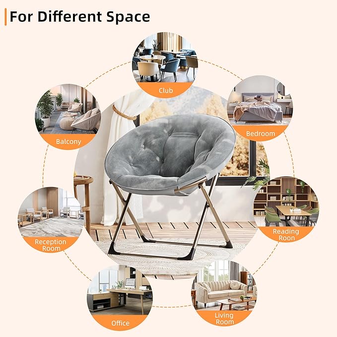 IDEALHOUSE Comfy Folding Padded Saucer Chair, Folding Circle Chair with Metal Frame, Soft Moon Chair for Bedroom, Dorm Rooms, Apartments, Lounging, Garden and Courtyard, Grey with Gold Legs