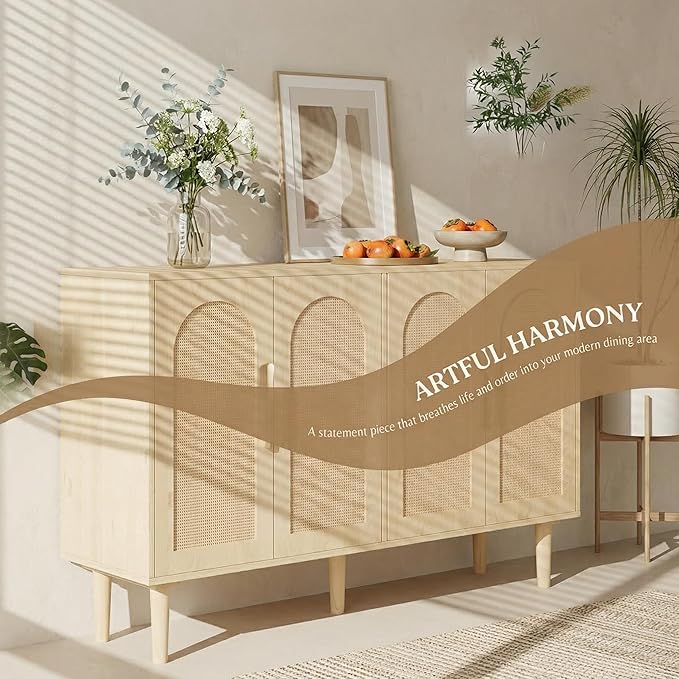 4-Door Rattan Sideboard Cabinet, 47.2" Natural Modern Credenza with Ample Storage, Compact Accent Buffet for Entryway, Living & Dining Room