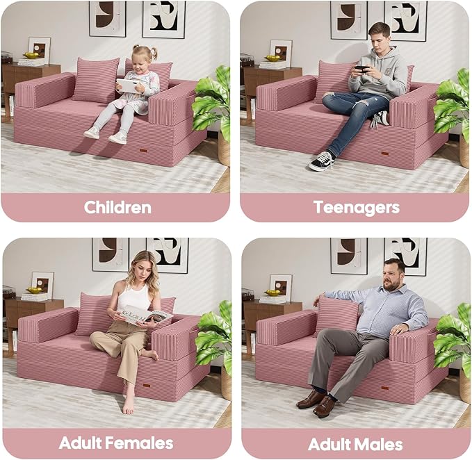 COMAX Futon Sofa Bed, 4‑in‑1 Convertible Sofa Bed, Folding Boneless Couches for Living Room, Fold Out Small Foldable Loveseat Floor Sleeper Comfy Mattress Lounge Space‑Saving, Pink