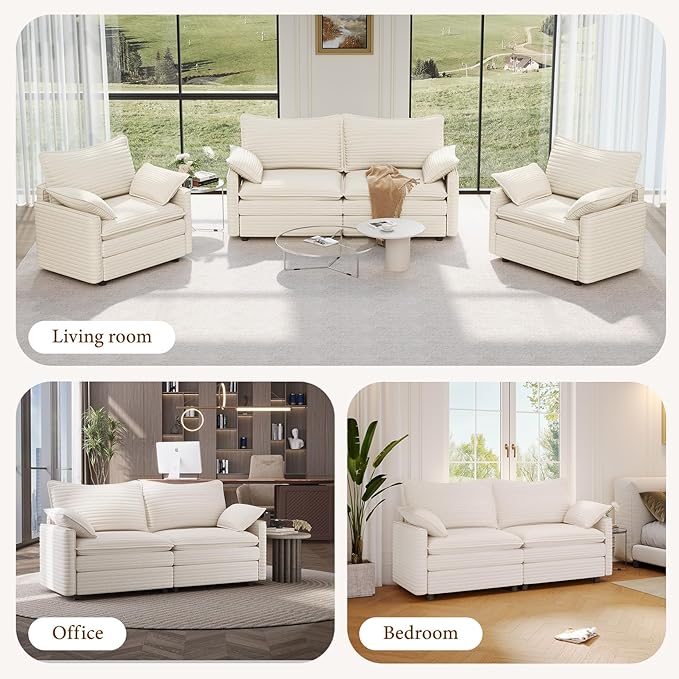 Vesgantti 74" Loveseat Sofa for Living Room, Comfy Cloud Couch Deep Seat Corduroy Modern 2 Seater Small Sofa with Armrest Pillow, Easy Assembly for Small Spaces, Beige | Sink-in Comfort, Height Adjustable, Easy Rearrangement, Extra-deep Ottoman, Solid ...