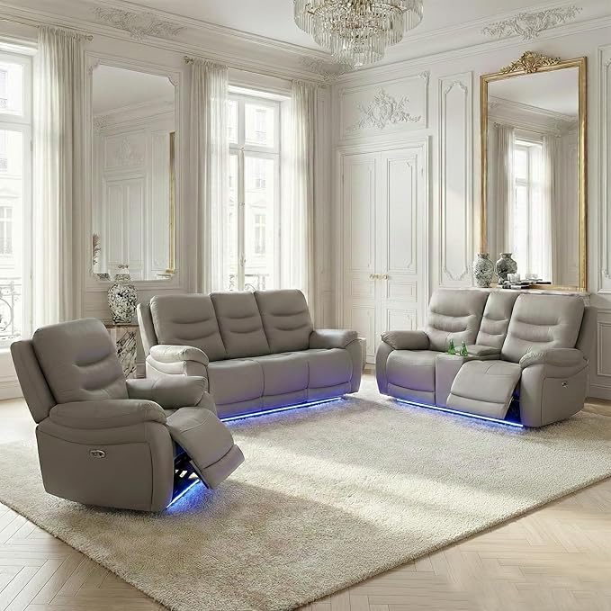 Power Recliner Sofa Set with LED, Air Leather Living Room Furniture Set, 3 Piece Couch Reclinig Furniture Set with USB Port, Cup Holders&Storage for Living Room (Light Grey)