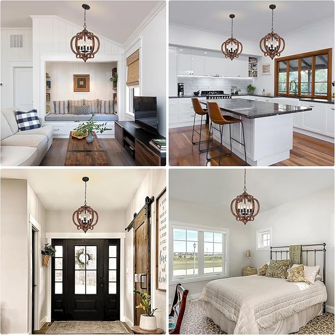 17.72'' Farmhouse Wood Chandelier, 5-Light Rustic Dining Room Light Fixture, Farmhouse Hanging Pendant Lighting, Vintage Orb Chandeliers for Kitchen Island Foyer Living Room Bedroom