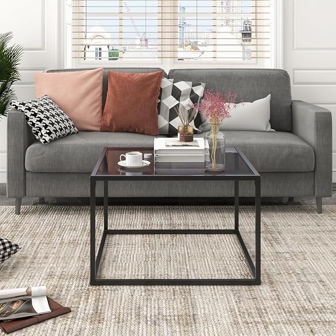 Giantex 27.5" Square Coffee Table - Tempered Glass Center Table w/Metal Frame, Modern Accent Table for Small Space, Living Room, Home, Office, Easy Assembly (1-Tier, Gray)