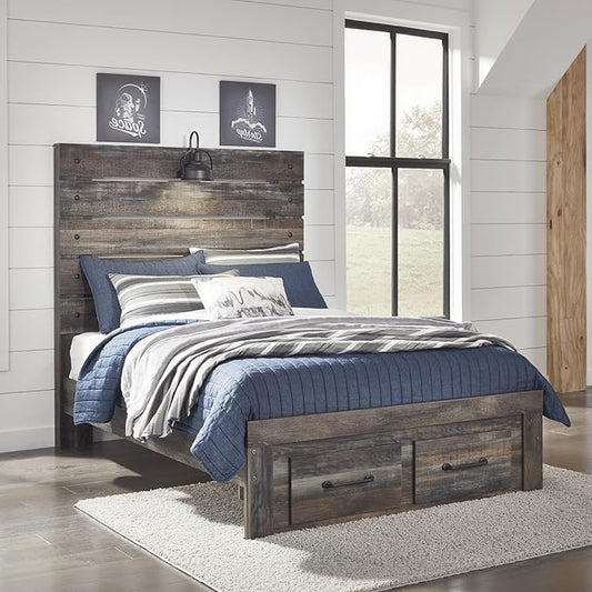 Signature Design by Ashley Drystan Rustic Full Panel Bed with 2 Storage Drawers, Sconce Light and Nailheads, Foundation or Box Spring Needed, Dark Brown & Gray