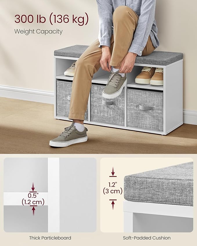 VASAGLE Shoe Bench with Cushion, Shoe Storage Bench with 6 Compartments and 3 Adjustable Shelves, Entryway Bench with 3 Storage Boxes, for Bedroom, Closet, Living Room, Cloud White ULSB101W14
