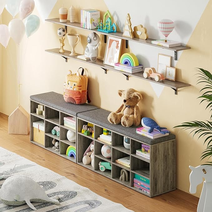 DINZI LVJ Shoe Bench, 12 Cubbies Shoe Organizer for Entryway, Storage Bench with Cushion, Cubby Shoe Rack with Adjustable Shelves for Living Room, Bedroom, Mudroom, Hallway, Gray Wash