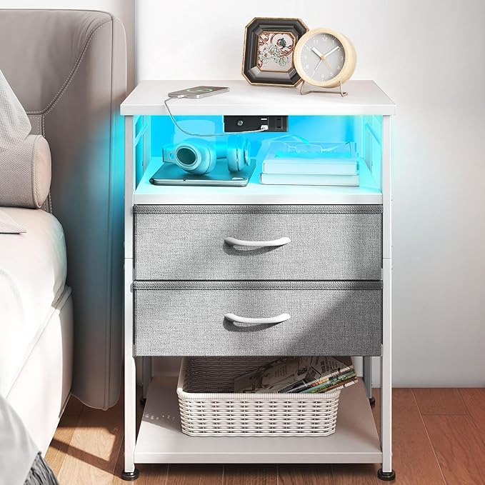 AODK Night Stand with Charging Station and LED Lights, 27.6 Inch Bed Side Table with 2 Drawers and Open Shelf, Bedside Table for Bedroom, Living Room, White & Light Grey