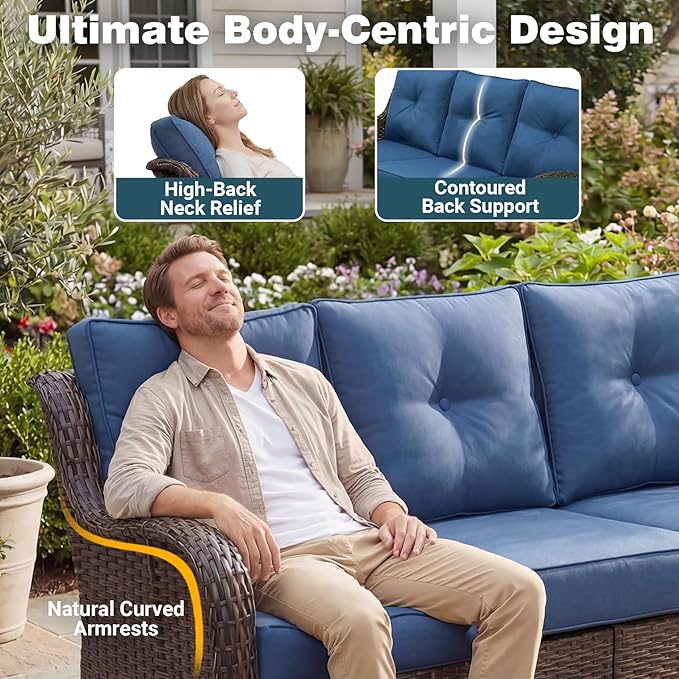 Patio Furniture Set, 5PCS Outdoor Wicker Conversation Set with 6" Thick Cushions, High Back Rattan Sofa & Swivel Rocker Chairs, Weather Resistant Olefin Fabric for Garden, Poolside, Navy Blue