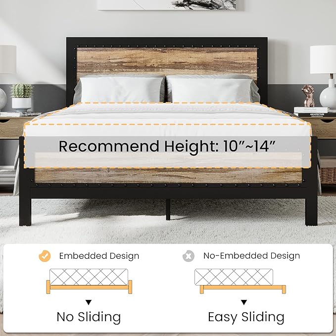 SHA CERLIN Heavy Duty Metal Bed Frame Queen Size, Platform Base with Wooden Headboard Footboard, 13 Strong Slats Support, No Box Spring Needed, Mattress Foundation, Easy Assembly