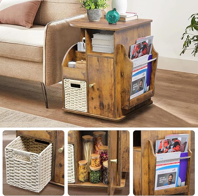 TooCust Rotating End Table with Storage, Rotating Side Table Living Room, Side Table with Magazine Holder, Basket and Cabinet, Sofa Side Farmhouse End Tables with Open Shelf (Rustic Brown)