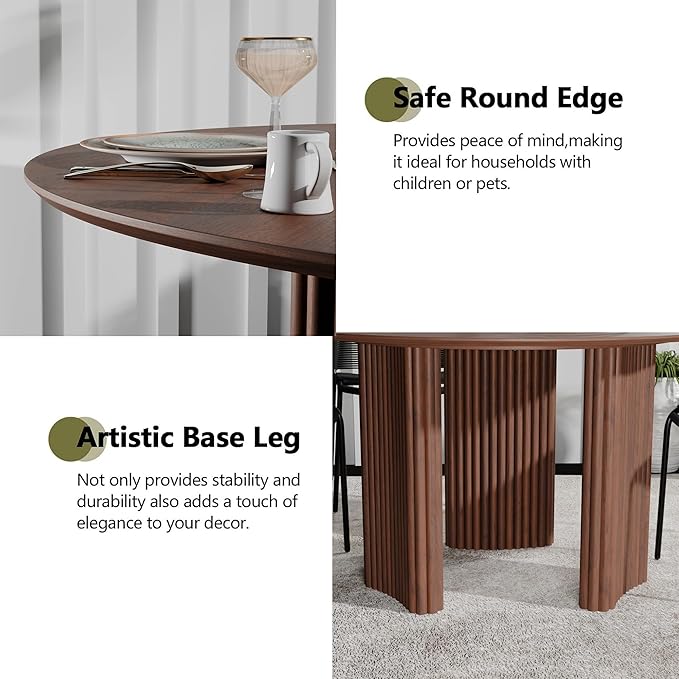 Casaphoria 60" Round Dining Table for 4-6, Farmhouse Style Table with Stripes Base, Easy Assembly for Living Room, Kitchen, Bar, Walnut