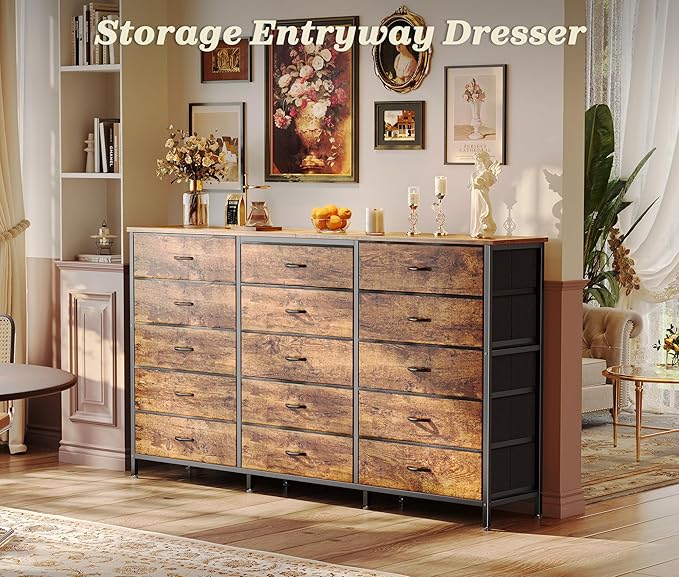 PRAISUN 63 Inch Long Dresser TV Stand for 65, 70 Inch TV, 15 Drawer Dresser for Closet, Bedroom, Large Fabric Drawers, Entryway Hallway Chest of Drawers, Wooden Top, Media Console, Rustic Brown