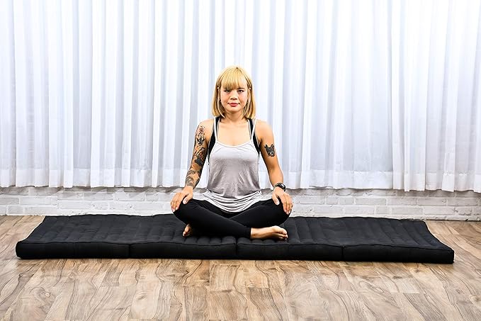 Leewadee Trifold Mattress Standard – Comfortable Thai Massage Pad, Foldable Floor Mattress Filled with Kapok, Perfect to Use as a Sleeping Mat 79 x 28 inches, Black