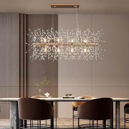 Modern 35.4" Modern Gold Crystal Firework Chandelier, 12-Light Pendant Light Fixture, Rectangle Linear Sputnik Dandelion Chandeliers for Dining Room Kitchen Living Room
