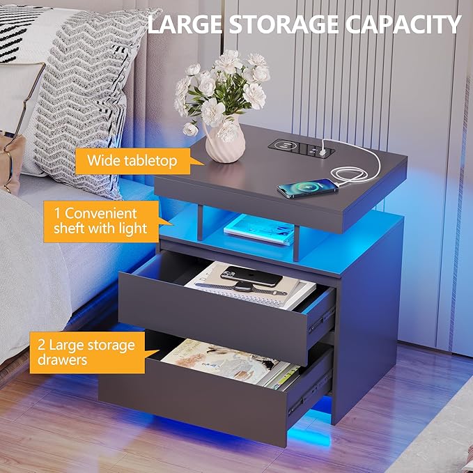 dnbss Nightstand with Charging Station and LED Light, Modern Night Stand with 2 Drawers, Smart Nightstand with USB Ports and Wireless Charger, Bedside Table for Bedroom (Grey)