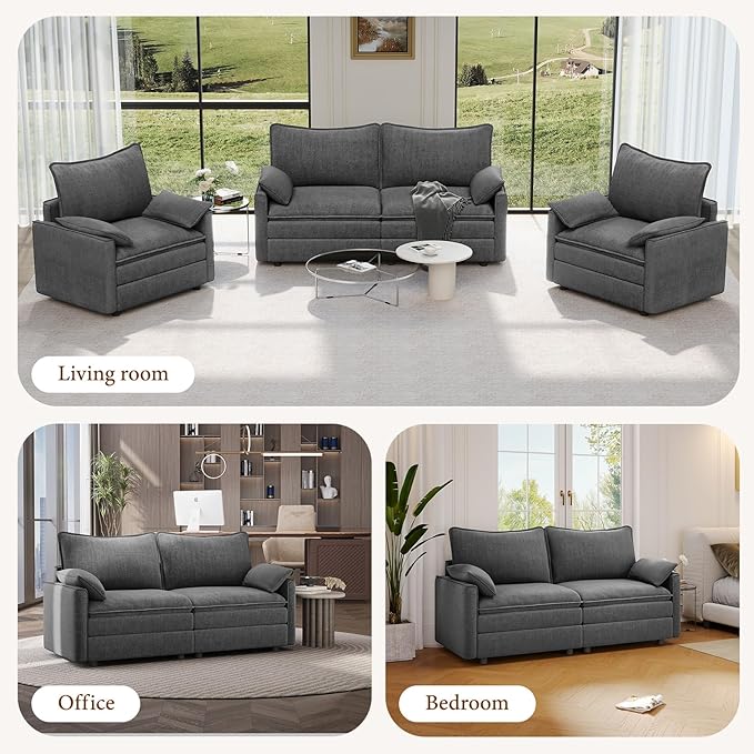 Vesgantti 74" Loveseat Sofa for Living Room, Comfy Cloud Couch Deep Seat Chenille Modern 2 Seater Small Sofa with Armrest Pillow, Easy Assembly for Small Spaces, Gray | Sink-in Comfort, Height Adjustable, Easy Rearrangement, Extra-deep Ottoman, Solid W...