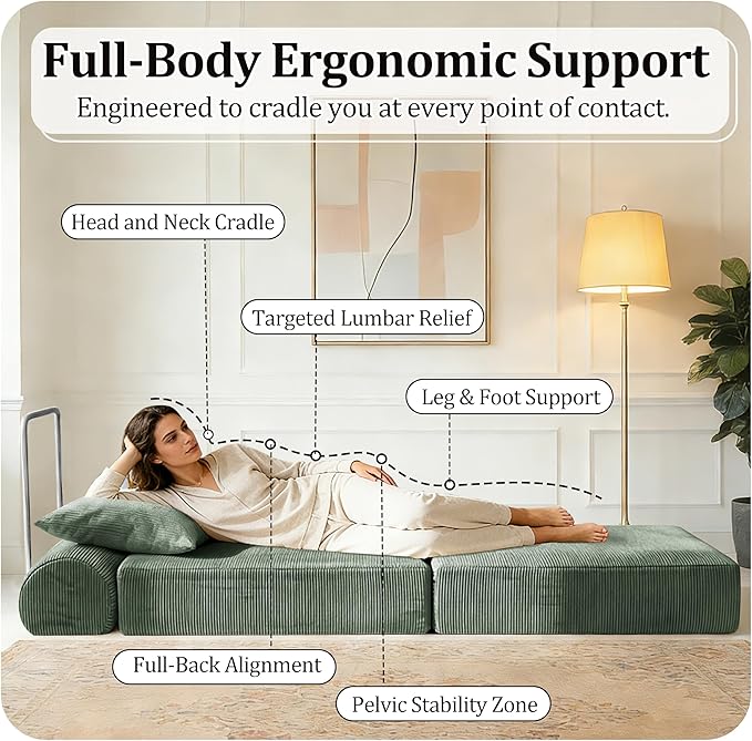 31.5'' Convertible Compressed Corduroy Folding Cloud Sofa Bed, Modern Boneless Pull Out Sleeper Sofa Couch in a Box, 3 in 1 Portable Lazy Floor Lounge Chair, for Small Space, Green, Pillow, Single
