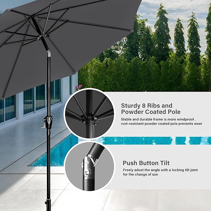 Simple Deluxe 2 Pack 9FT Outdoor Patio Umbrella Table Market Umbrella with Push Button Tilt and Crank, 8 Sturdy Ribs, UV Protection Waterproof for Garden, Lawn, Deck, Backyard, Pool, Grey