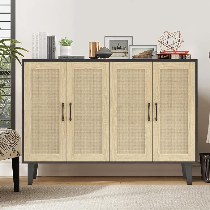 Panana Buffet Storage Cabinet with Rattan Decorating 4 Doors Living Room Kitchen Sideboard 48.43 x 34.65 x 15 inch (Black)