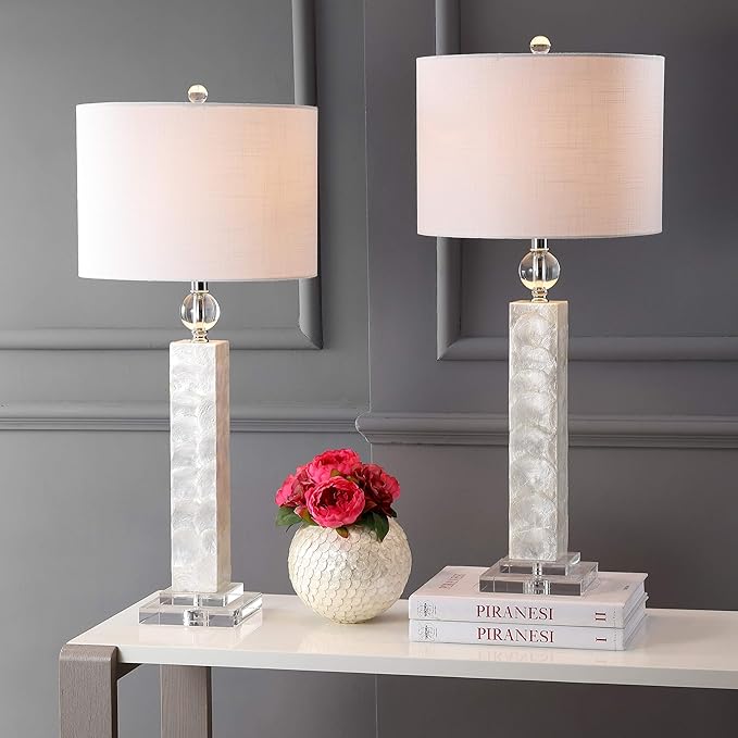 JONATHAN Y 32" White Mother of Pearl and Crystal Table Lamp Set of 2 for Bedroom, Coastal Mosaic Seashell Column Lamps for Living Room, Linen Drum Shade, LED Bulbs Included JYL4006A-SET2
