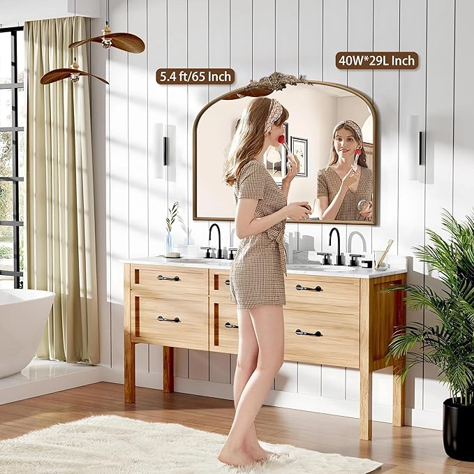 Besdomus Vintage Arched Gold Mirror: 40"x29" Large Matt Gold Antique Wall Mounted Mirror - Baroque Traditional Ornate for Entryway/Fireplace/Bathroom/Hallway - Home Decor for Fashion Women