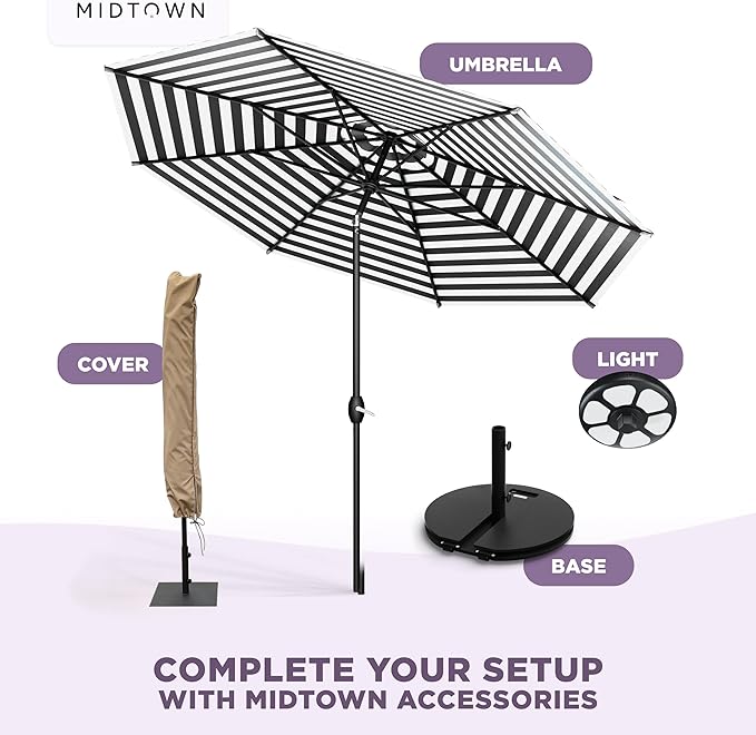 Midtown Umbrellas - 10-Year-No-Fade 6 Ft Patio Umbrella with Terylast Fabric, Auto-Tilt Aluminum Frame and 8 Reinforced Ribs for Deck, Pool, Garden & Beach - Black/White Stripes Canopy, Black Pole