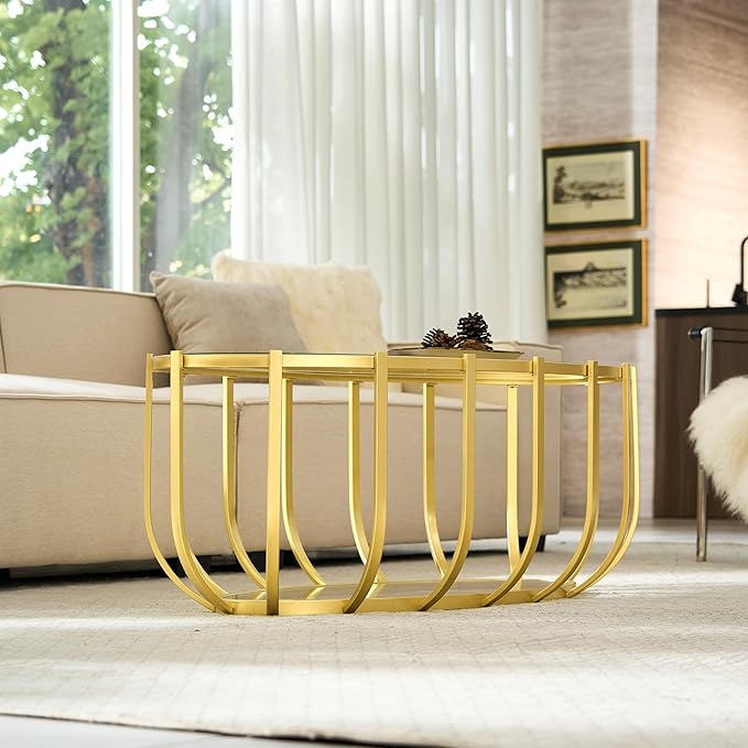 Saint Mossi Glass Oavl Coffee Table for Living Room, Modern 2-Tier Gold Center Table, Clear Glass Top with Gold Finish Legs & Frame