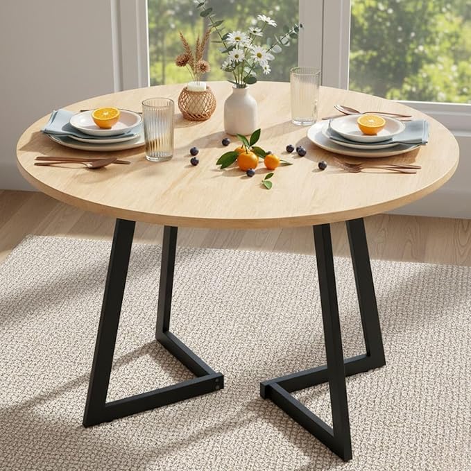 Karl home 35.4in Small Dining Table, Round Dining Table with Wood Finish Wing-Shaped Steel Legs, Circle Dinner Tables for Small Space, Apartment, Office, Kitchen, for 2 to 4 Person-Natural