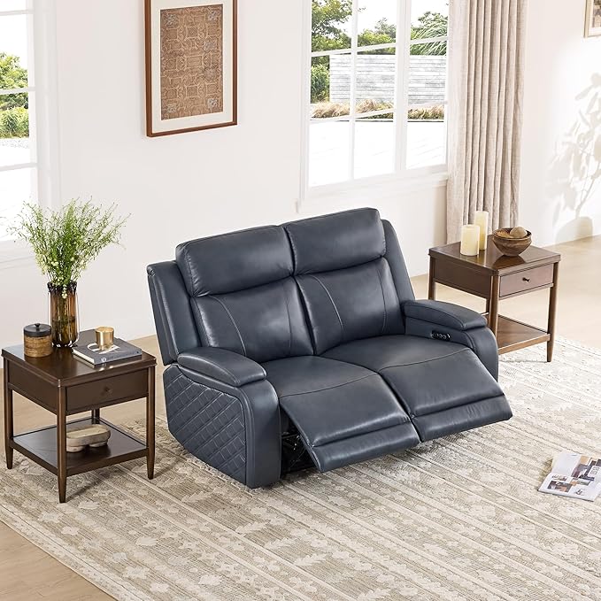Watson & Whitely Genuine Leather Power Loveseat Recliner Sofa, Zero Gravity Reclining Loveseat with Power Headrest & Hidden Storage, Charging Ports, Dual Recliner Sofas for Living Room, Navy Blue