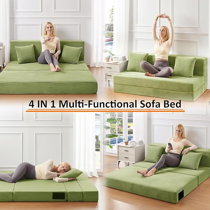 JKMAX Single Size Folding Sofa Bed - 4 in 1 Convertible Sleeper Chair - High Density Memory Foam Futon Couch - Foldable Bed for Living Room Bedroom (Green)