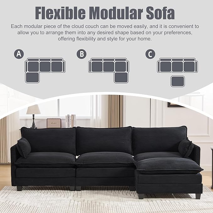 103" Oversized Modular Sectional Sofa Couch with Reversible Ottoman, Free Combination Convertible Corner Couch,Corduroy Upholstered Cloud Sectional Couch with Side Pockets | Multiple Cushions, DIY Combination, Removable Cover