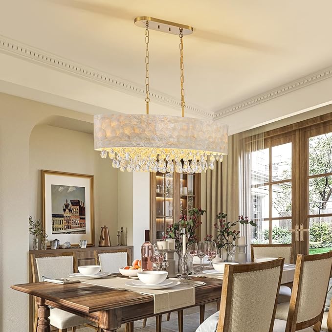 6-Light Oval Capiz Shell Crystal Linear Chandeliers, Coastal Design Light Fixture for Dining Room, Kitchen Island, L32xW12xH19~65 Inch(Adjustable), Shell Lampshade & Brass Finish