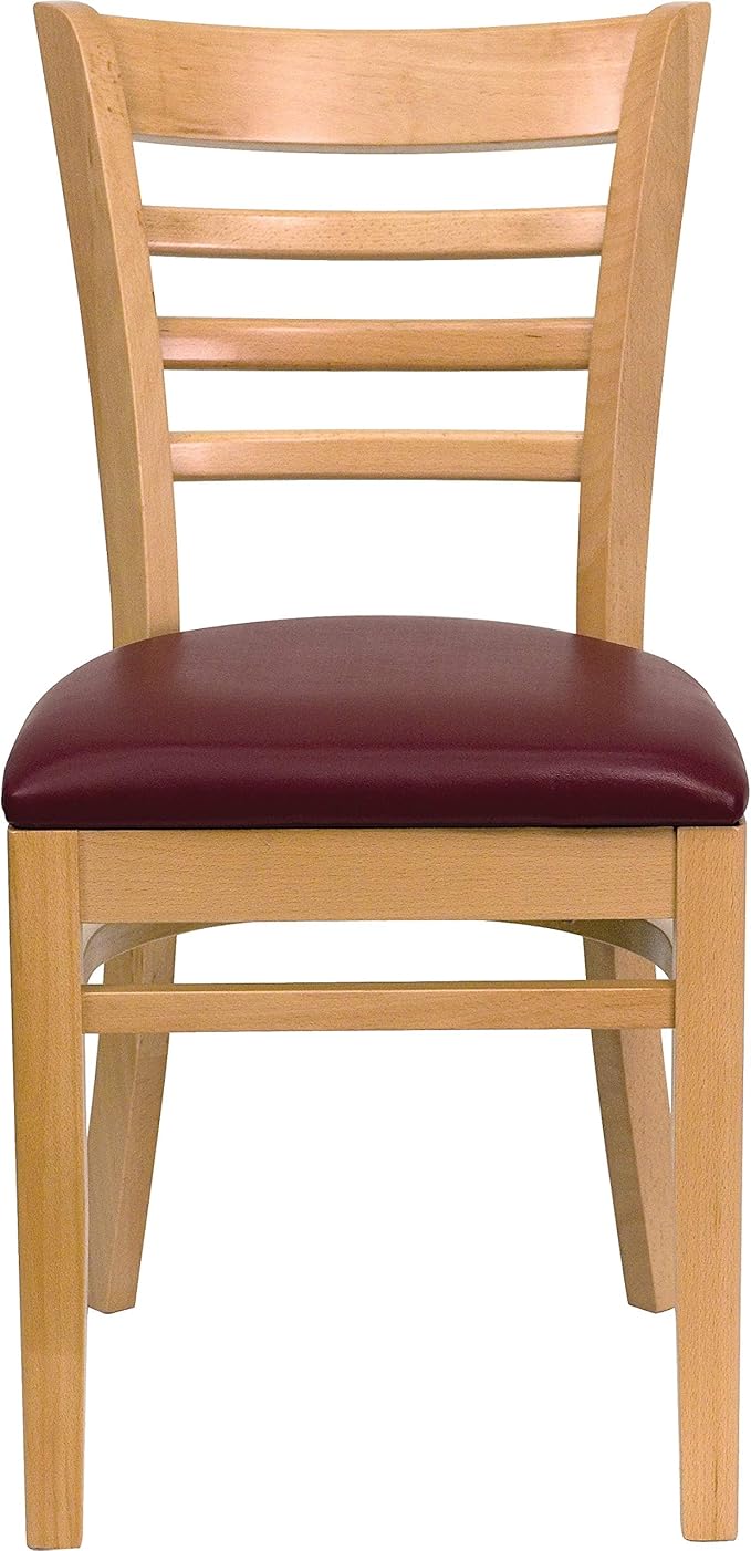 Flash Furniture HERCULES Series Ladder Back Natural Wood Restaurant Chair - Burgundy Vinyl Seat