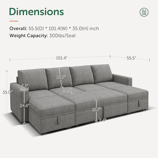 HONBAY Modular Sectional Sleeper Sofa Bed, Chenille Pull Out Couch with Storage Ottoman, U Shaped Sectional Couches for Living Room, Warm Grey