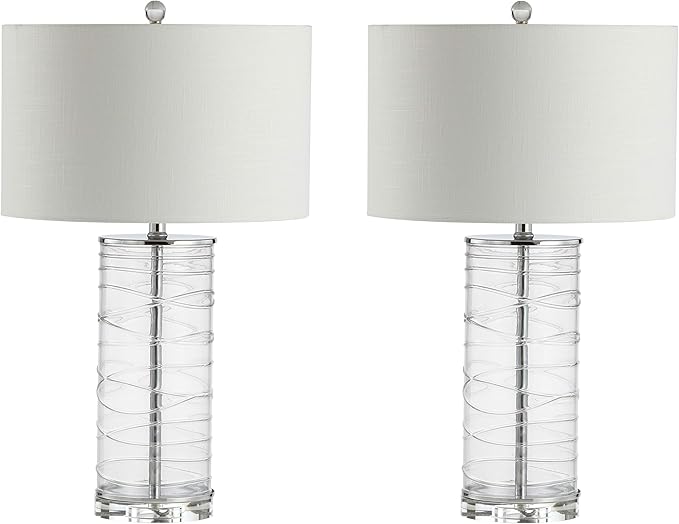 JONATHAN Y 27.5" Clear Modern Fused Glass Table Lamp Set of 2 for Bedroom Living Room, Coastal Nightstand Bedside Lamp with White Linen Shade, LED Bulbs Included (JYL4016B-SET2)