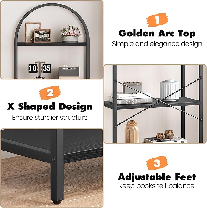 CABIHOME Bookshelf Tall Bookcase Arched Standing Bookshelves Modern Display Racks 5 Tier Storage Rack Shelf Large Wood Book Shelf for Bedroom, Living Room, Home Office