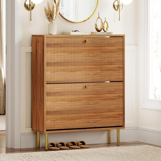 Nicetree Shoe Storage Cabinet for Entryway - 2 Flip Drawers Shoe Cabinet with Tiered Fluted Design - Slim Shoe Storage Rack with Gold Legs - Narrow Shoe Cabinet Hidden Shoe Organizer for Small Spaces