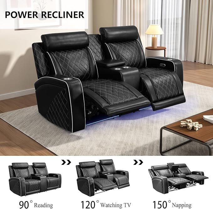 Power Recliner Sofa Set, Breathing Leather Reclining Couch Set, Leather Loveseat and 2 Recliner Chairs Set with LED Lights/Charging Ports/Storage for Home/Office (Black New, Loveseat+2 Chairs)
