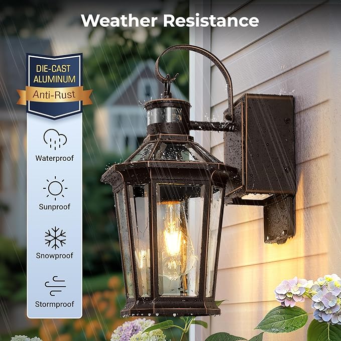 Gleamz Motion Sensor Outdoor Wall Light with GFCI Outlet, Oil-Rubbed Bronze Dusk to Dawn Outdoor Wall Lights Lantern, Exterior Lighting Fixtures for Garage Entrance, 5-Modes, Adjustable Sensitivity