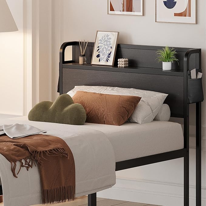 16 Inch Twin Bed Frames with Headboard, Twin Metal Bed Frame Storage Wood Headboard No Box Spring Needed, Noise Free, Black