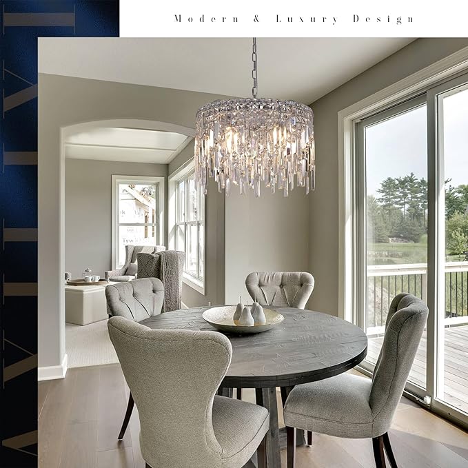 Round Crystal Chandelier Modern 20" Drum Chandelier with Chain Chrome Adjustable K9 Raindrop Crystal Ceiling Pendant Fixtures 2 Tiers for Dining Room Bedroom Living Room